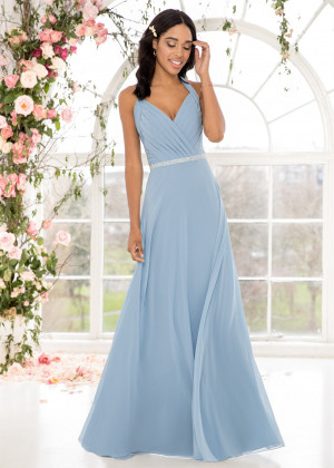 Halter Neck Beaded Pleated Blue Chiffon Bridesmaid Dress